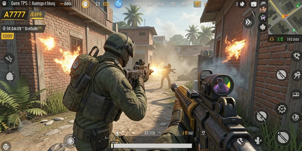 Gameplay A7777 menampilkan pertempuran intens di arena TPS.
