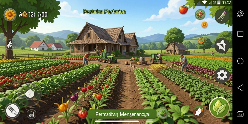 Tangkapan layar gameplay AA62 dengan pertanian yang indah.